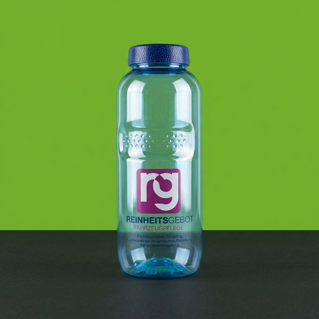 Transparente Flasche mit mehrfarbigem Siebdruck der Fahrzeugpflege-Marke Reinheitsgebot vor grünem Hintergrund