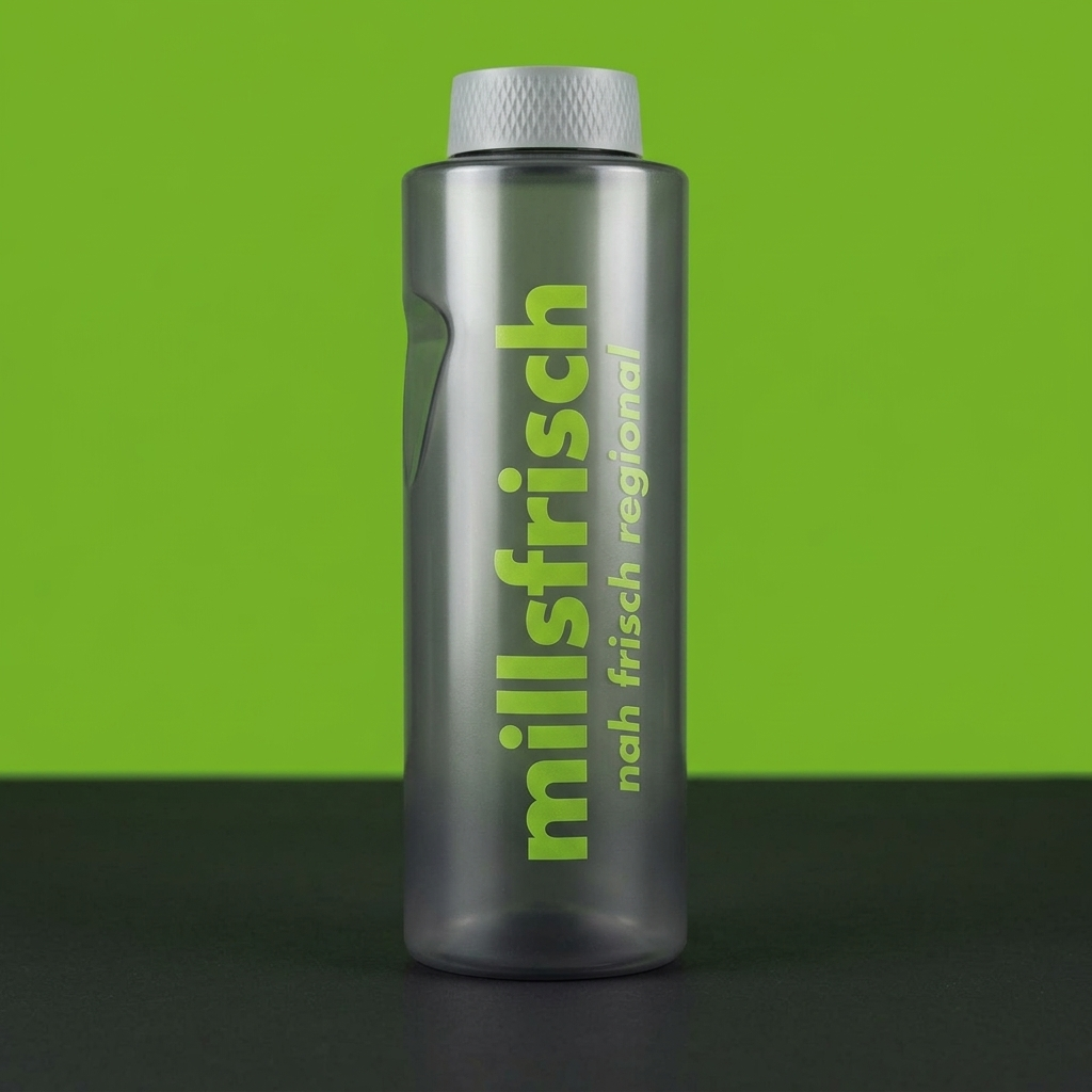 Graue Trinkflasche mit limefarbenem Millsfrisch-Siebdruck vor grünem Hintergrund