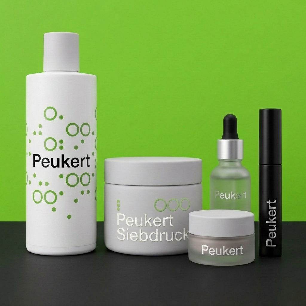 Peukert-Siebdruck Kosmetikverpackungen: Flasche, Tiegel, Serum-Flakon und Mascara vor grünem Hintergrund