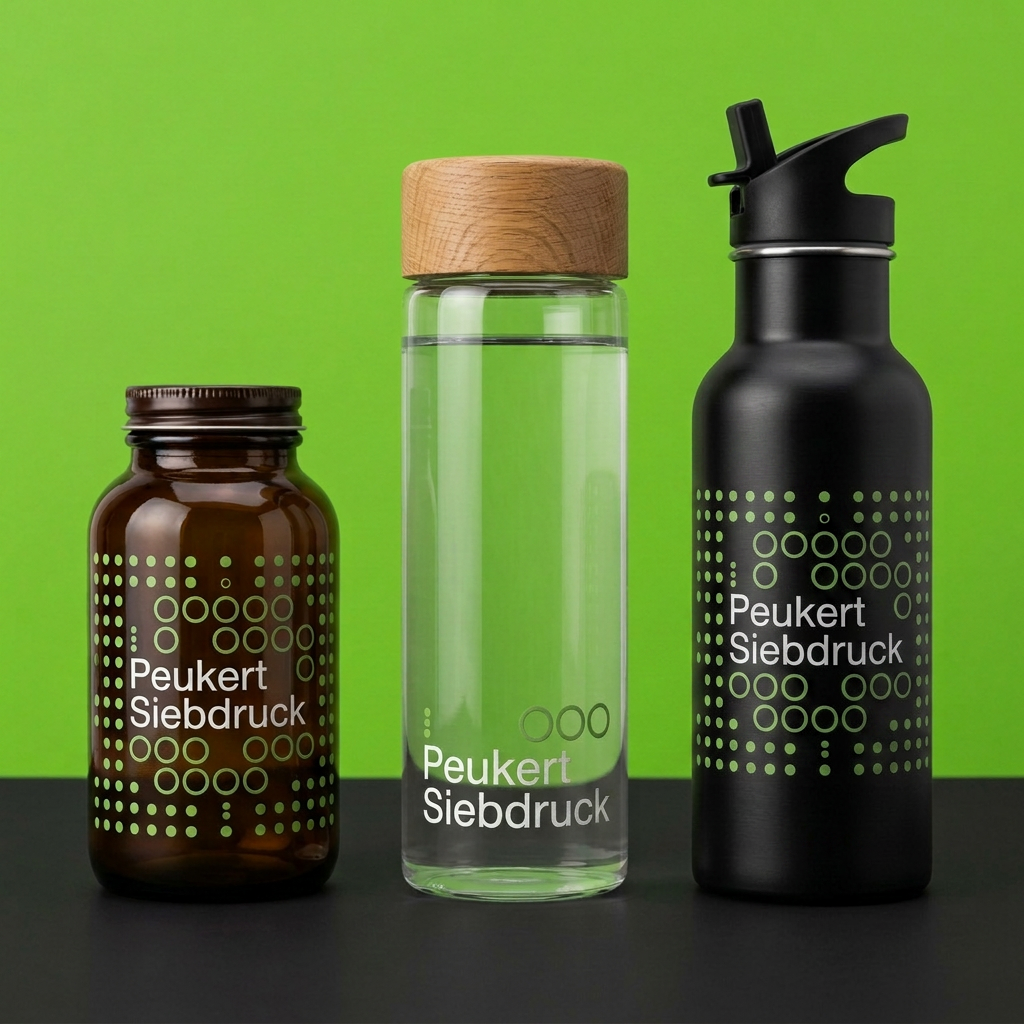 Braunes Glas, Trinkflasche mit Holzdeckel und schwarze Sportflasche mit Peukert-Siebdruck-Logo vor grünem Hintergrund